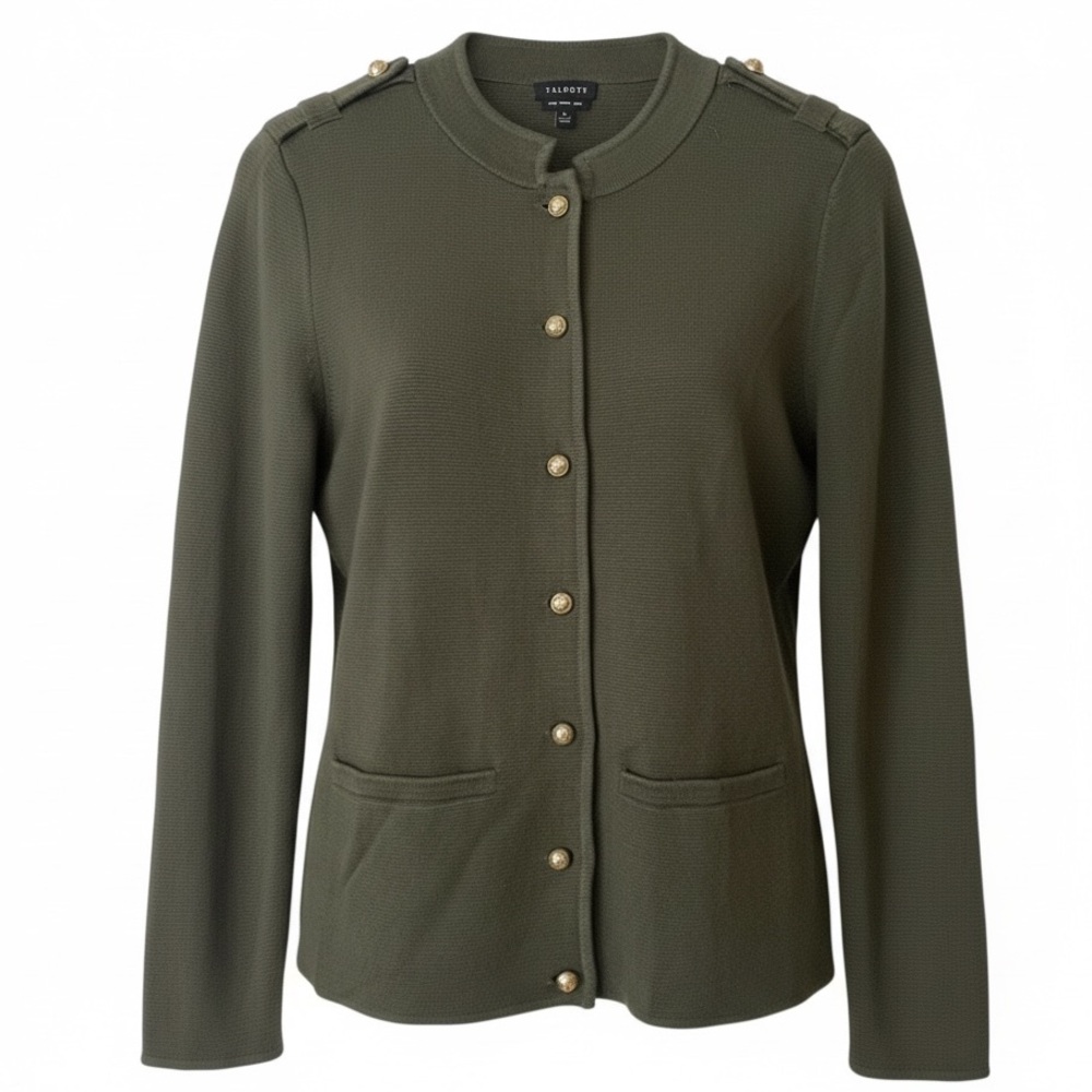 TALBOTS  Military Jacket Cardigan Green Gold‎ Buttons 100% Metino Wool